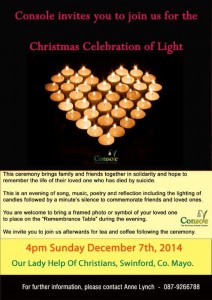 The Console Christmas Celebration of Light service commemorates the lives of those lost through suicide and is being held in Swinford on Dec 7th 2014