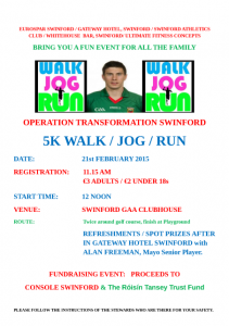Operation Transformation Swinford will be holding a 5K Walk Jog Run charity event. Find out more on Swinford.ie