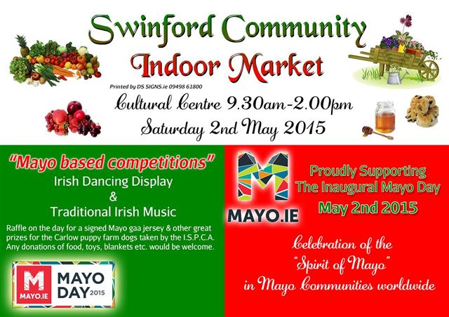 Swinford Indoor Market returns on Saturday 2nd May. It's location as always, is in the lovely historic Swinford Cultural Centre on Station Road. This month it’s all about Mayo! Visit Swinford.ie for more details.